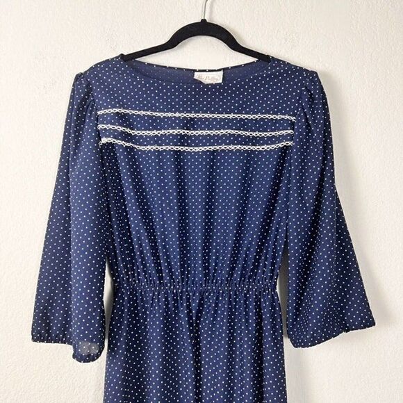 Vintage Rice Pudding Brand Dress Womens Size Medium Blue Polka Dot Ruffle 1970s - Picture 3 of 9